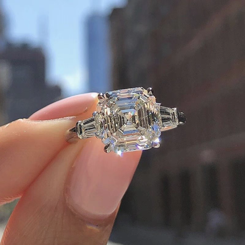 Real Sparkling Luxury Jewelry 925 Sterling Silver Princess Cut Big White Topaz Square CZ Diamond Gemstones Eternity Women Wedding Band Ring