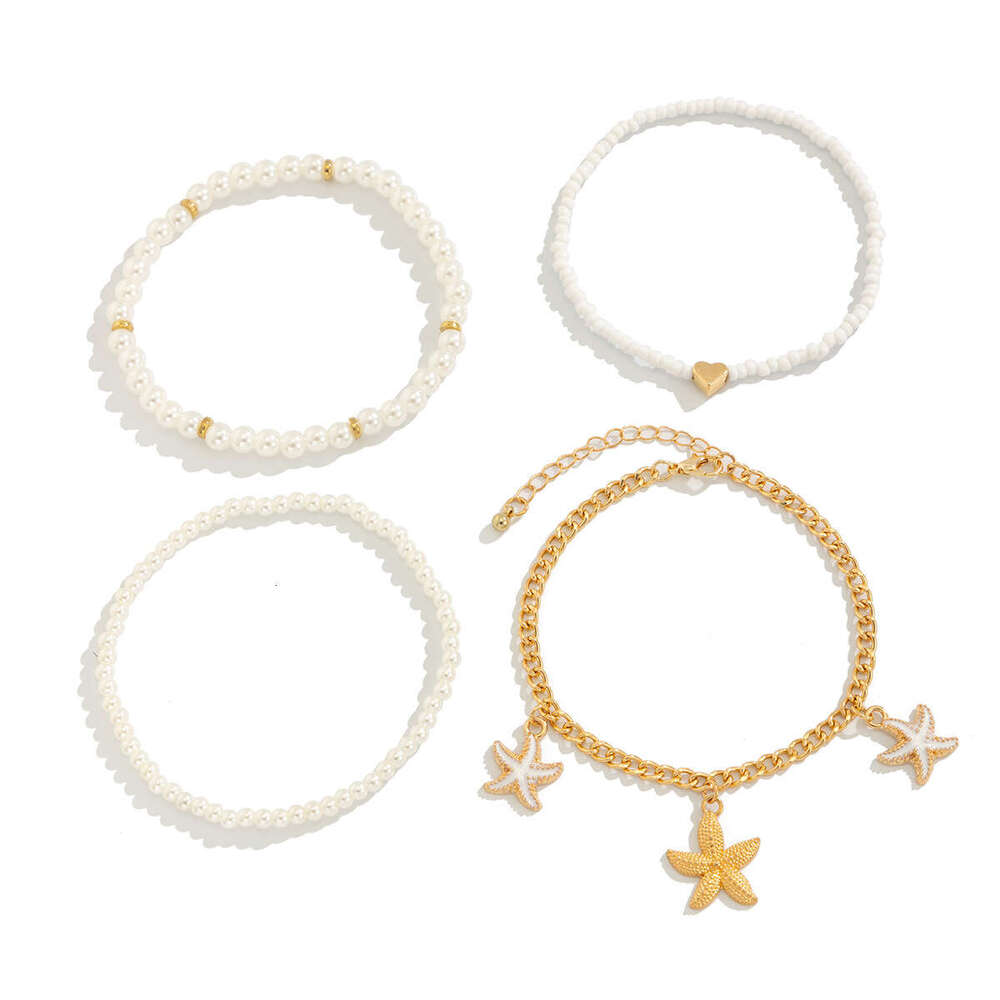 Layered Starfish Pearl Anklet Adjustable Beach Foot Jewelry with Metallic Seashell Charm Gold and White
