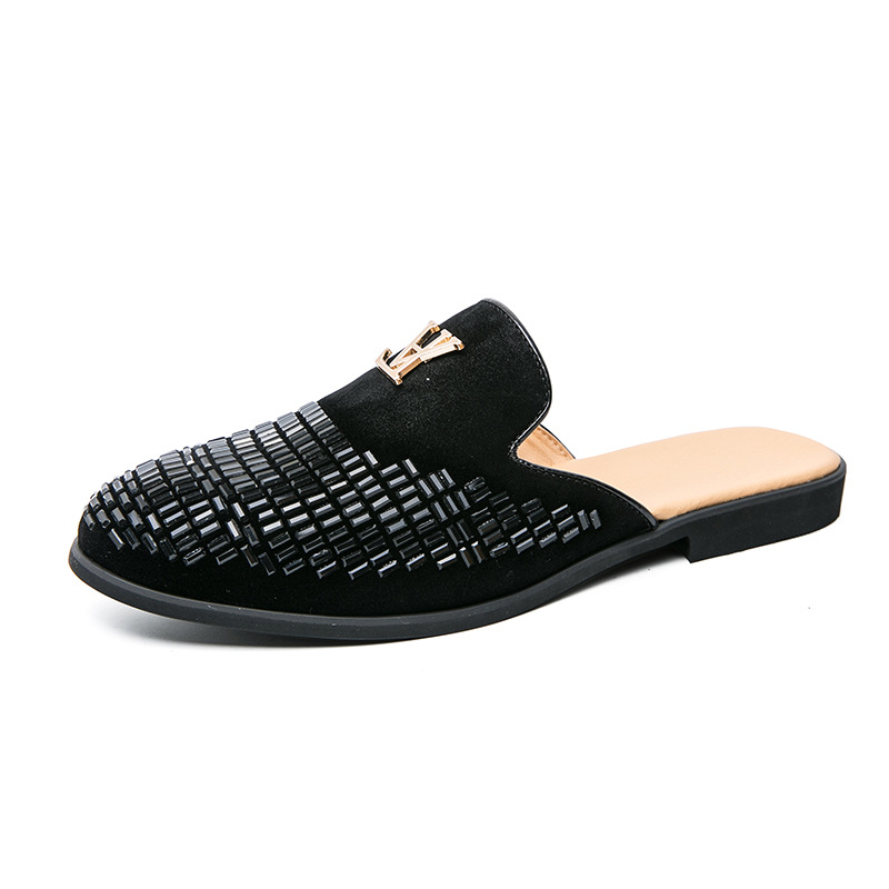 2025 Summer New Arrival Mens Shiny Diamond Casual Leather Shoes Simple Versatile Rhinestone Slip On Backless Large Sizes 38-48 Black White Free Shippi