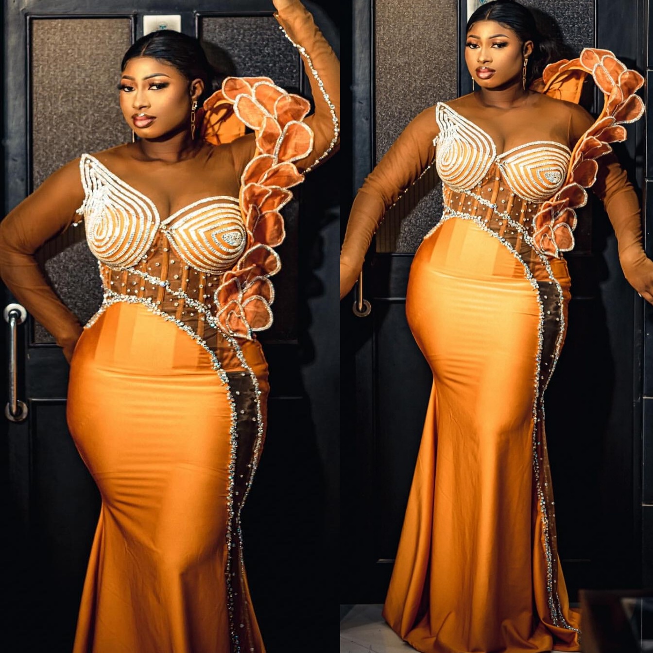 Mermaid Orange Plus Size Prom Dresses 2025 Crystals Florals Satin Illusion Evening Formal Party Second Birthday Engagement Gowns Dress For Special Occ