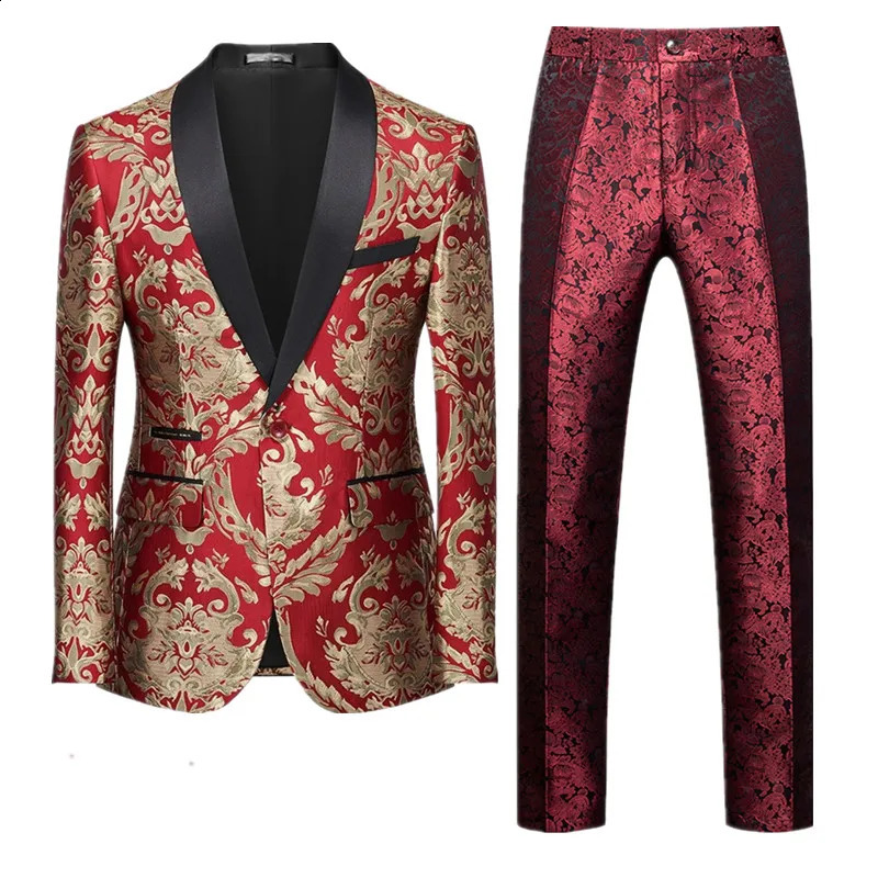 Men Jacquard Suit 2 Piece Black / Blue / Red Fashion Male Business Wedding Prom Party Dress Blazer Jacket and Pants 250517