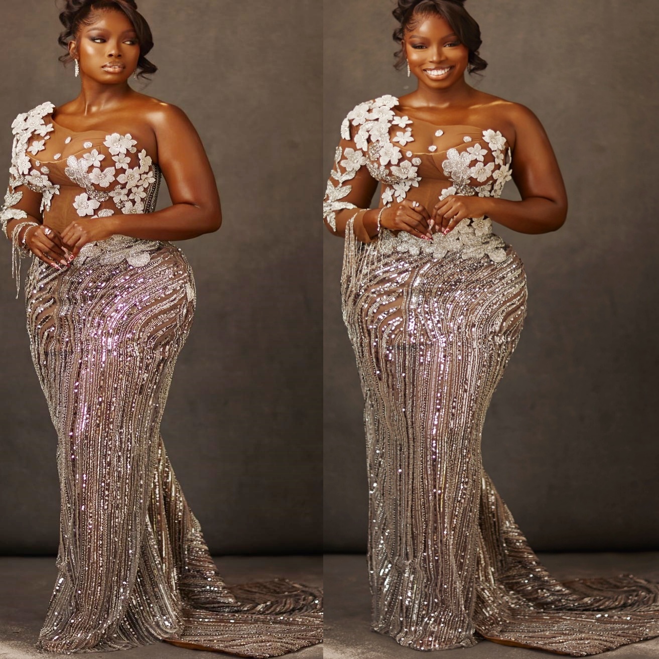 Mermaid Silver Plus Size Prom Dresses 2025 Flowers Crystals Sequined Illusion Evening Formal Party Second Birthday Engagement Gowns Dress For Special 
