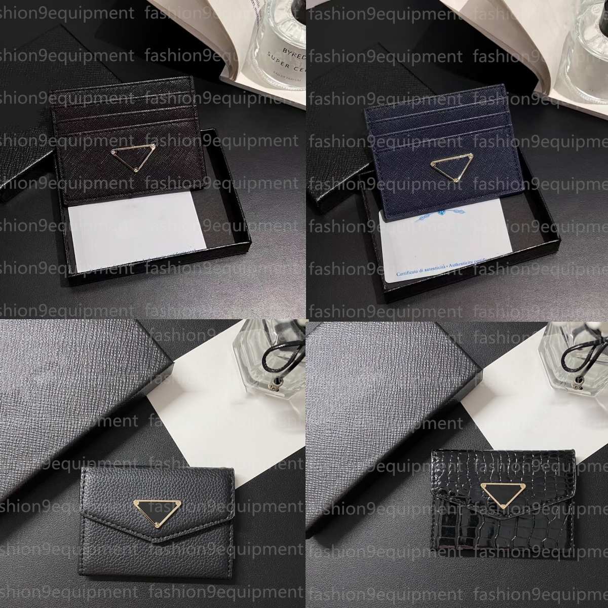 Top Luxury genuine leather P2 Designer Card Holder Wallet Short Case Purse polychrome Womens Men Purses Handbag Mens Key Coin Famous Clutch Mini triangle Bags box