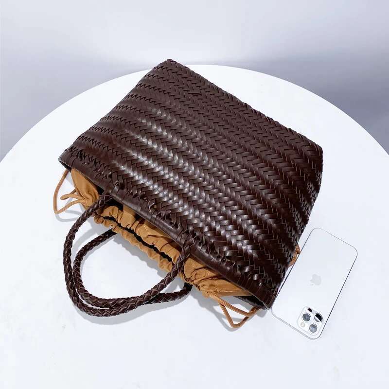 Handmade Weave PU Drawstring Tote Bags For Women Designer Handbags Purse New In Vintage With Inner Pocket Shoulder