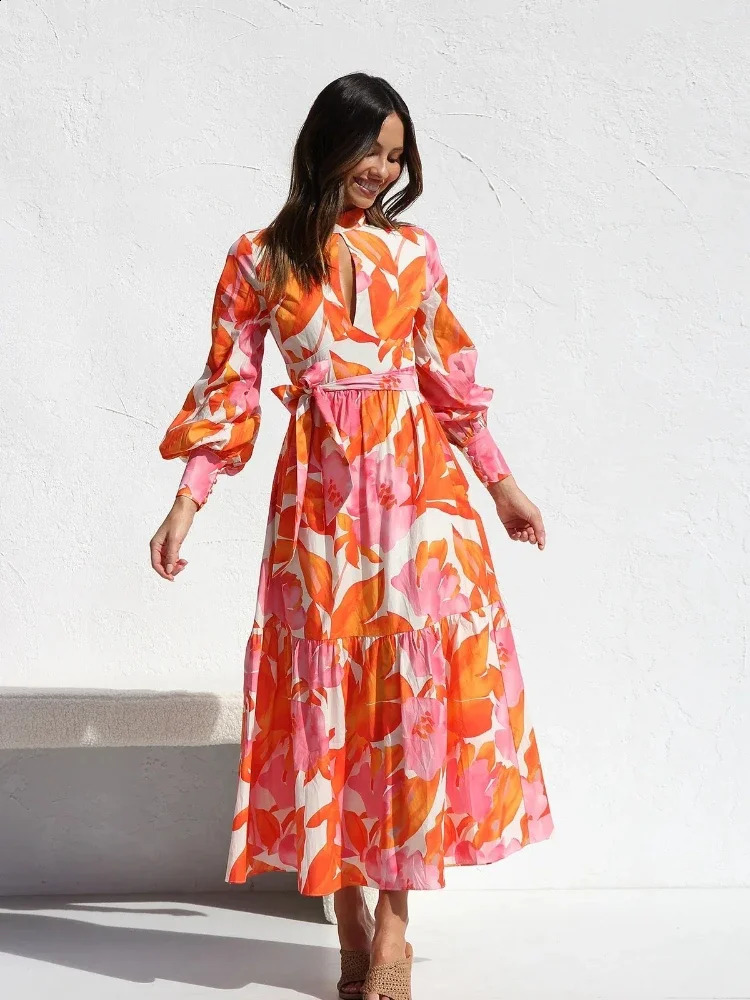 Summer Fashion Womens Elegant Temperament Dress Round Neck Long Sleeve Bohemian Printed A-line Large Swing Long Dress 250519CJ