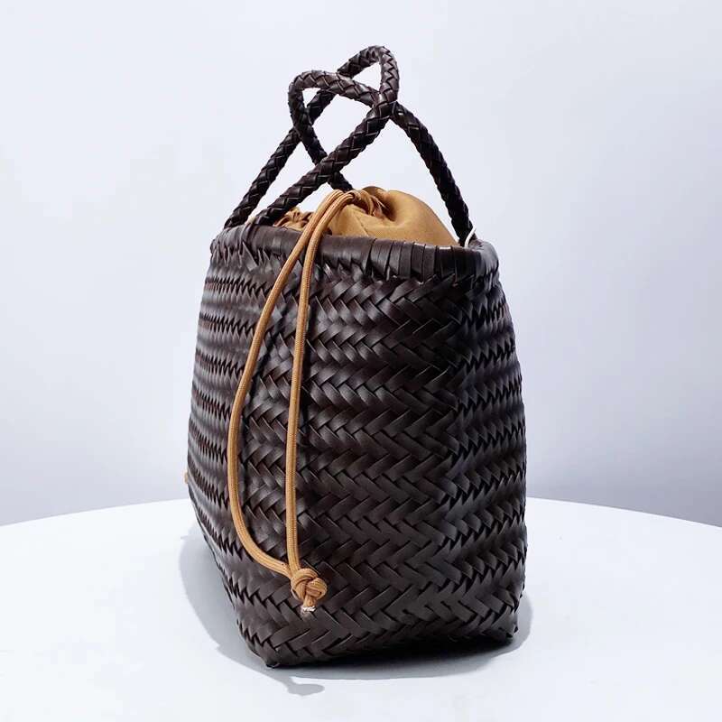 Handmade Weave PU Drawstring Tote Bags For Women Designer Handbags Purse New In Vintage With Inner Pocket Shoulder