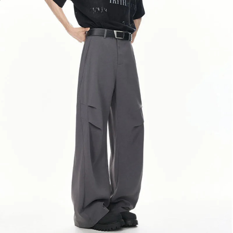 FEWQ Korean Style Mens Suit Pants Solid Color Ice Silk Pleated Casual Bottom Drape Wide Leg Loose Male Trousers 24K4297 250521