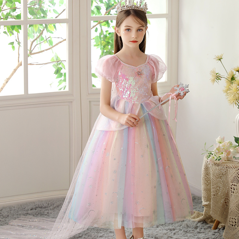 DISNEY infant designer clothes toddler designer clothes Princess Elsa Princess dress girls summer little girl rainbow dress children's day perfor