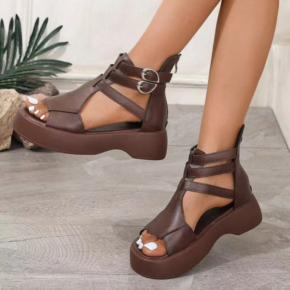 Retro Women Sandals Fashion Leather Women Boots Breathable Platform Shoes er Mid Heels Women Wedges Shoes Sandalias Mujer 250521