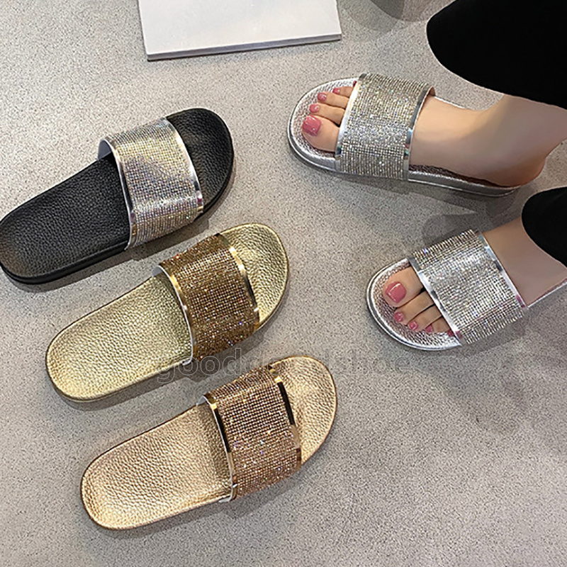 2025 designer sandals womens slides flash diamond slippers summer pool beach casual flat soft sliders outdoor indoor black rose gold silver non-slip c