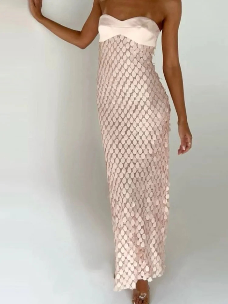 Strapless Patchwork Fashion Party Dress Women Summer Backless Elegant Chic Maxi Sleeveless Simple Slim Ladies 250522