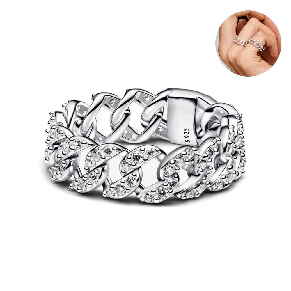 925 Sterling Silver Shining Cuban Chain Rings For Women Fine Wedding Engagement Birthday Jewelry Christmas Gifts 250522