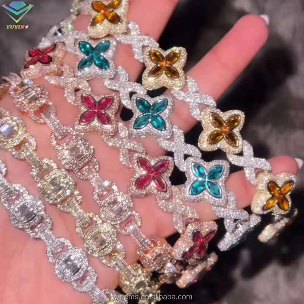 Cuban Jewelry S925 Sterling Silver Gold Clover Pink Green Blue Diamond Cuban Hip Hop Moissanite Bracelet with GRA Certificate