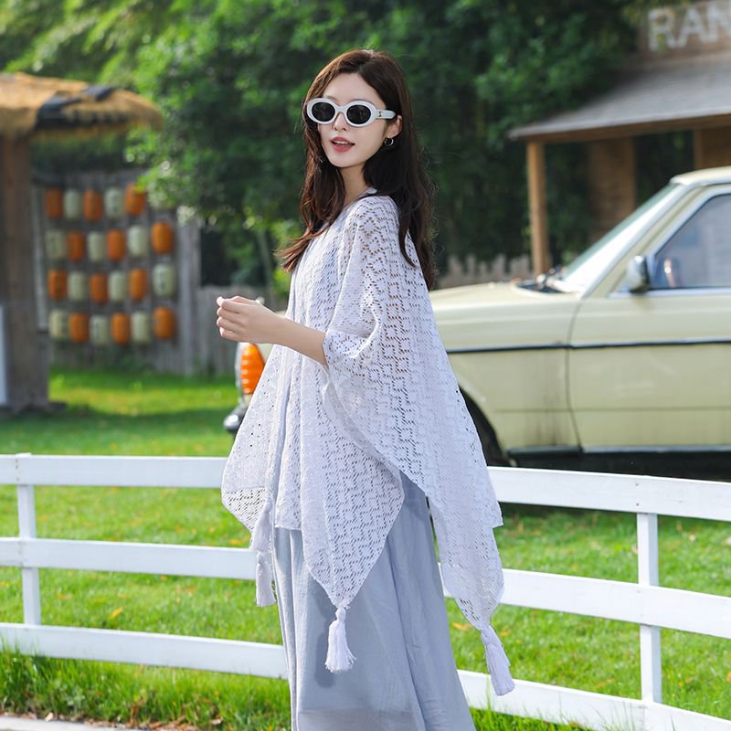 K799 Summer new all-match thin shawl women's knitted hollow tassel fashionable outer cheongsam white cape trend
