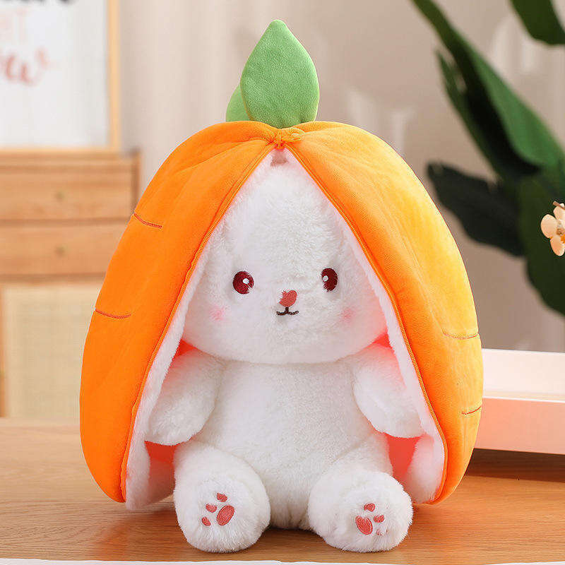 DHGadget 2-in-1 Reversible Bunny Strawberry Carrot Pillow Cute Long Ear Plush Toy Doll for Kids & Home Decor