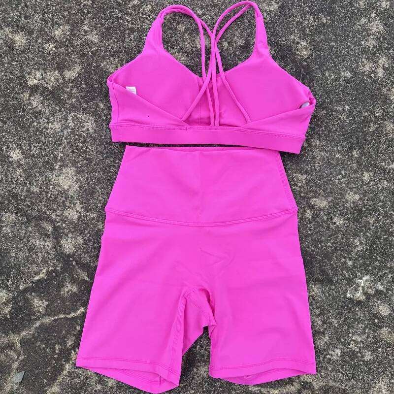 Solid Color Soft Women Yoga Cycling Set Cross Back Gym Bra+High Waist Short Leggings High impact shockproof Sportwear