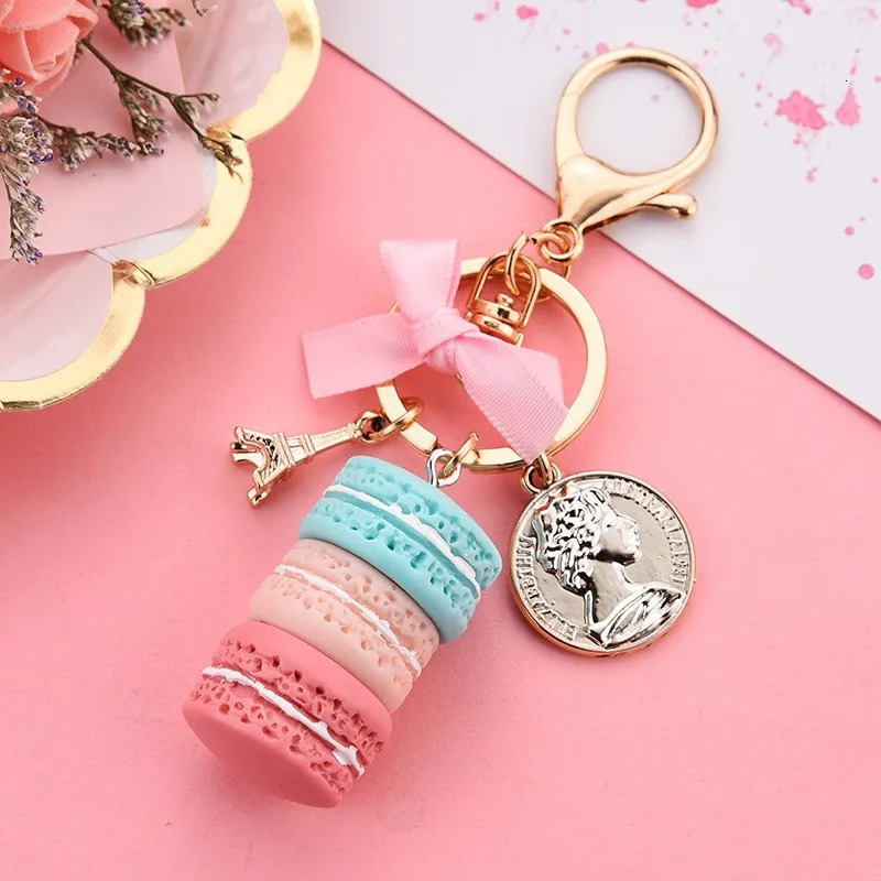 Lovely Macaron Cake Eiffel Tower Food Keychain Bowknot Car Keyring Bag Purse Pendant Food Cake Macaroon Key Chain 250522