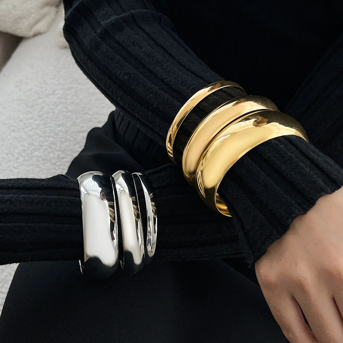 Exaggerated Punk Irregular Wide Cuff Bangle Set for Women Vintage Gold Color Chunky Metal Bracelets Men Hand Jewelry Gift 250522