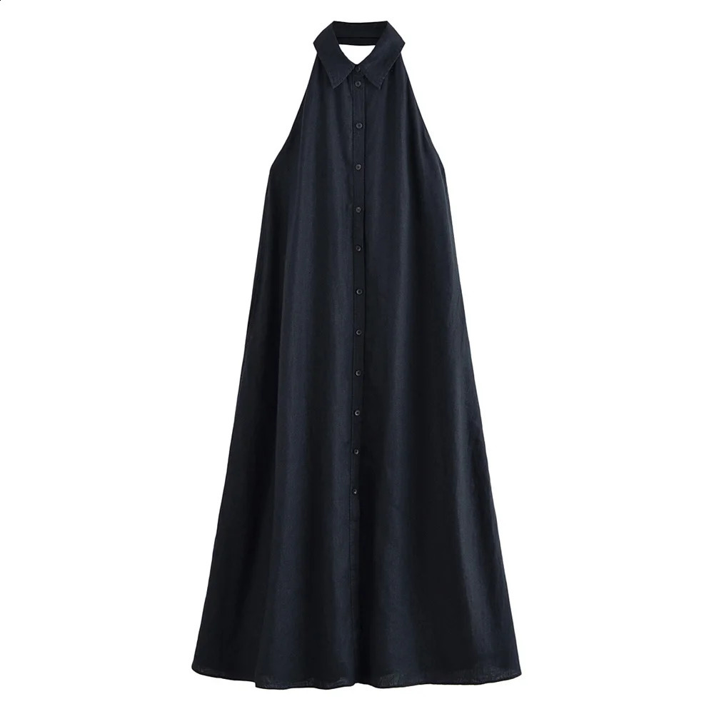 UNIZERA womens hanging neck sleeveless dress with lapel buckle decoration for spring and summer casual wear 250522
