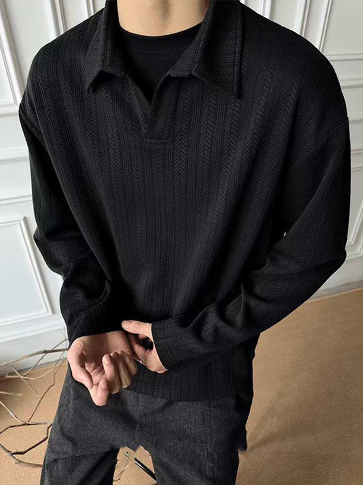 Black cleanfit wheat stripe V-neck sweatshirt for men in spring, autumn, winter, American style shirt long sleeves and lazy style, paired with Polo in