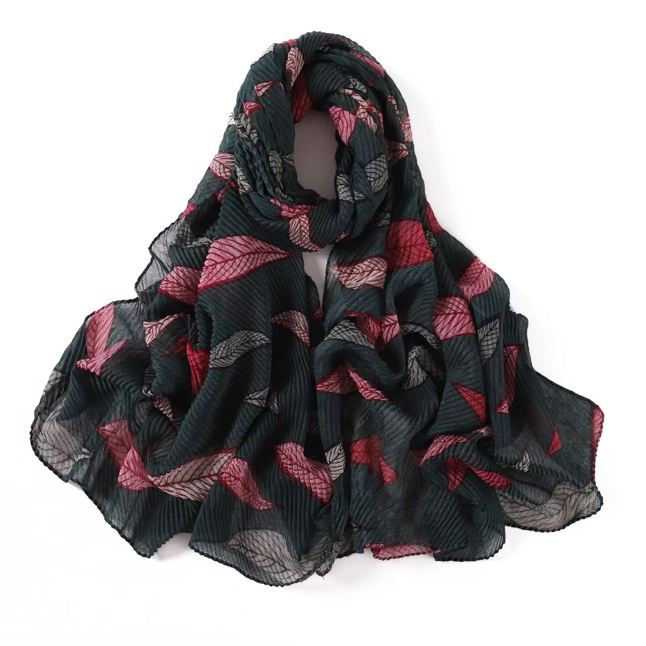 T771 Fashion Colorful Leaf Crumpled Printed Long Scarf Pleated Cotton and Linen Scarf Shawl Dual-purpose Cotton Neck