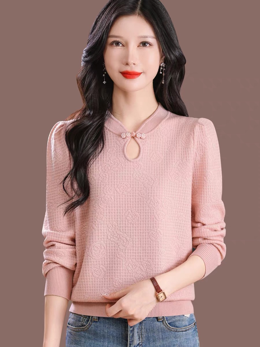 Cheongsam Collar Tikkun Long Sleeve Knit Bottom Shirt Loose Skinny Sweater
