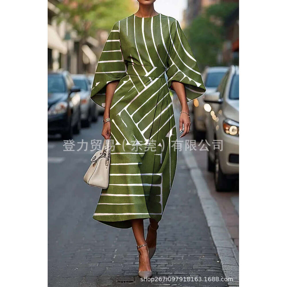 2025 Seven Cent Bat Sleeve Long Dress Abstract Irregular Art Elements Digital Printing