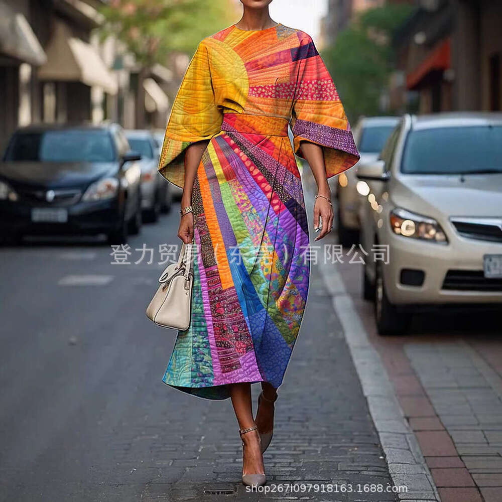 2025 Seven Cent Bat Sleeve Long Dress Abstract Irregular Art Elements Digital Printing