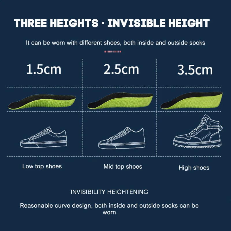 1.5-3.5CM Invisible Height Increasing Insole Orthopedic Arch Support Insole Soft Elastic Light Weight for Men Women Shoes Pads 250521