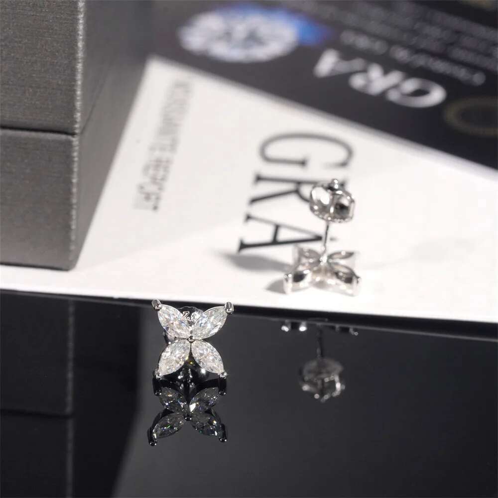9x12mm Iced Marquise Moissanite Clover Earrings Screwback 925 Sterling Silver Fine Jewelry Bling Diamond Stud Earrings Wholesale