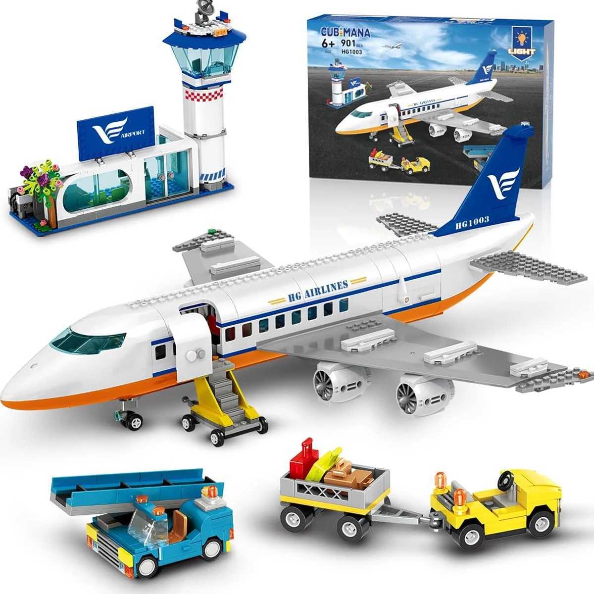 HOGOKIDS Airplane Building Set with LED Plane Building Blocks with Airport Terminal Luggage Trailer Toys Gifts for Kids Age 6+ W250522