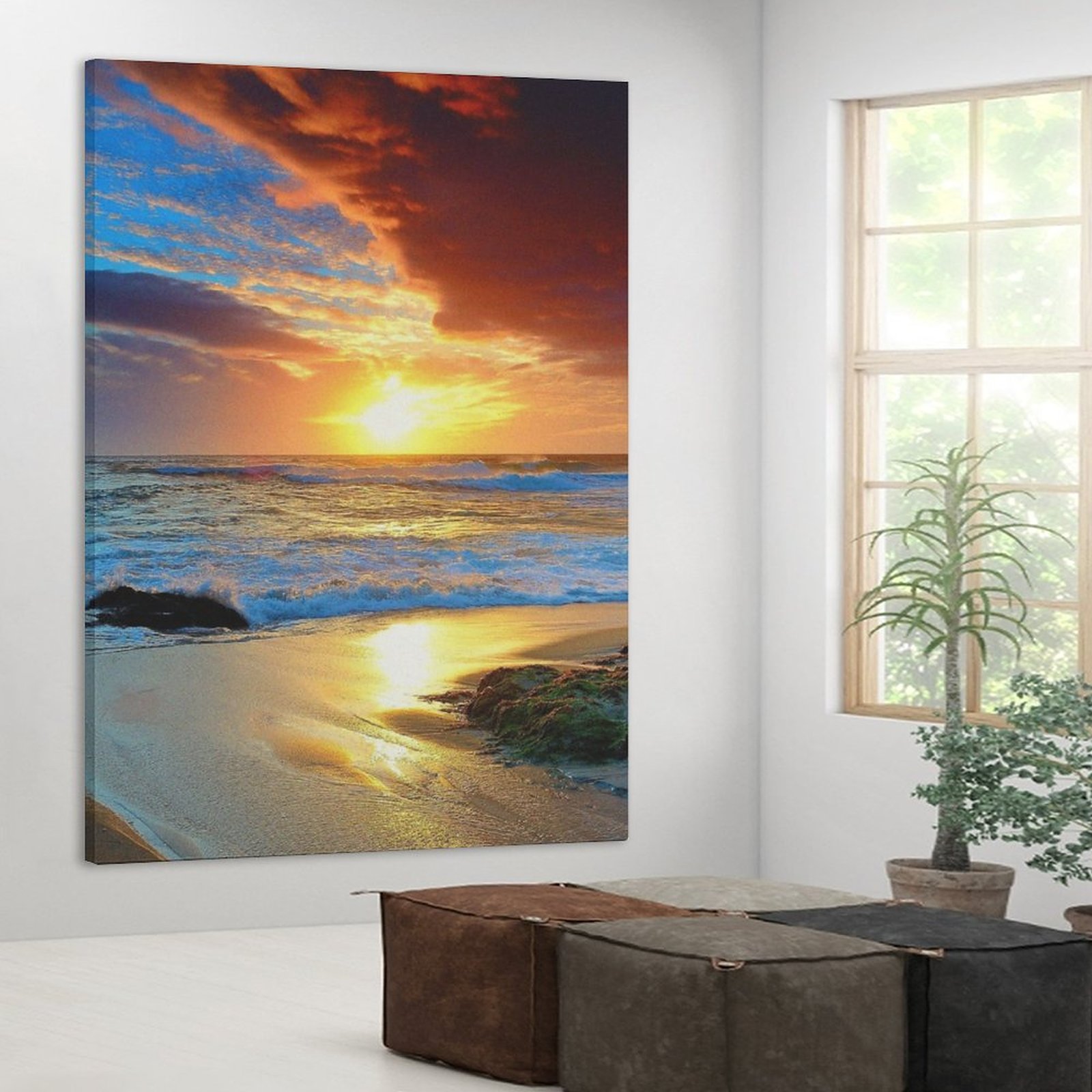 Home Decor Luxury Painting Ocean Sunset Red Sky at Morning Frame-style Canvas Prints Wall Art Decor Print Picture Paintings for Living Room Gift ForBe