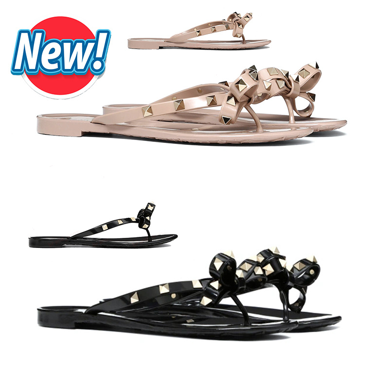 2025 Sexy Suede Ladies Sandalswomen's Black Bow Flip-flops rockstud rubber studded toe sandals Sandals Summer Beach Riveted Slippers Nail Shoes jelly sandals
