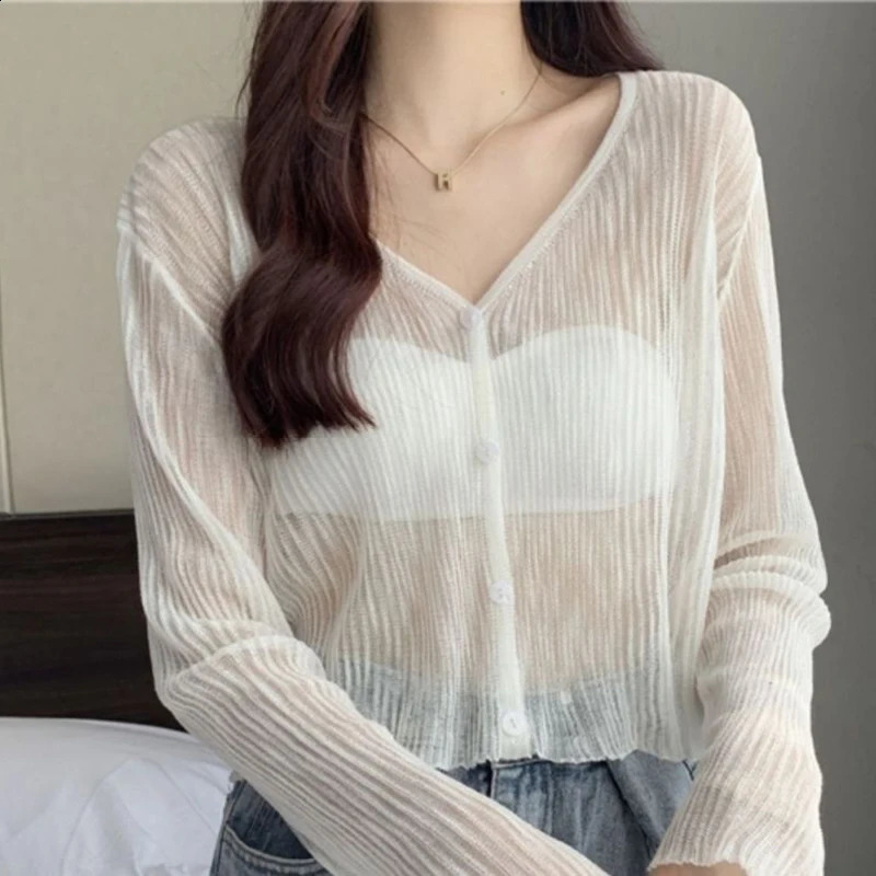 Rimocy Summer V Neck Cardigan Women Casual Transparent Sweater Shirts Woman Simple Thin Solid Color Outwear Female Crop Top 250516