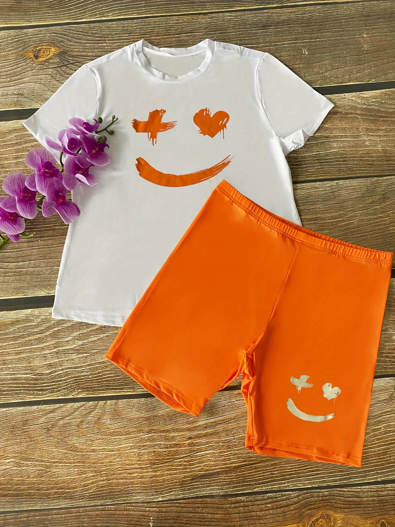 Plus Size Alphabets Expression Print TwoPiece Set Crew Neck Short Sleeve Top and Shorts Outfits with 250516Z