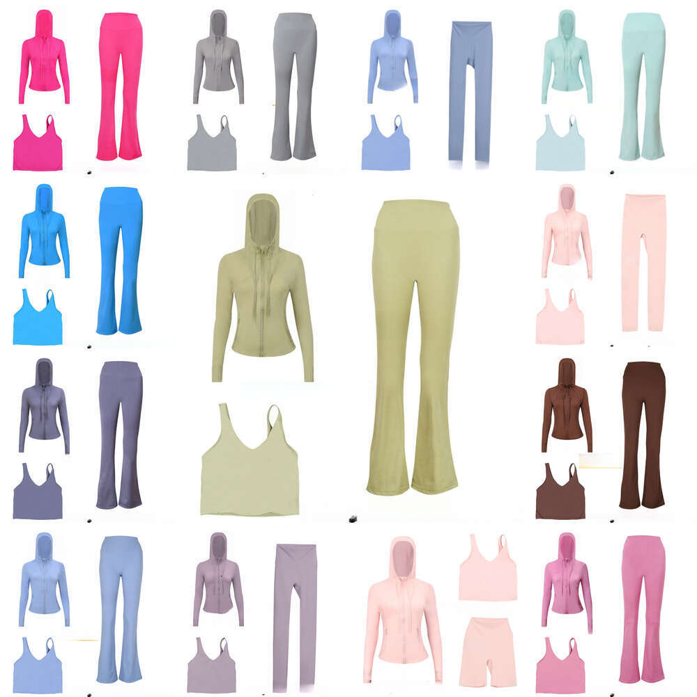 Designer Women Yoga Clothes 3 Piece with Long Sleeve Hooded Jacket Crop Top Vest and Bell Bottom Leggings Pants Comfortable Stretchy Gym Set Pilates A