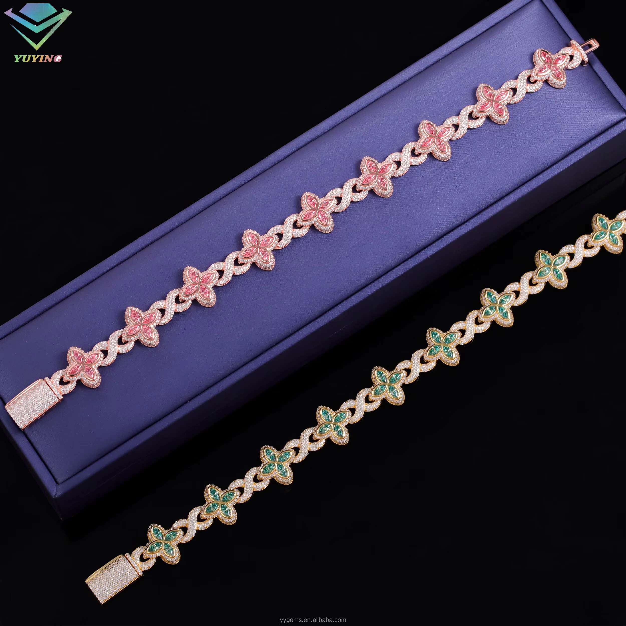 Cuban Jewelry S925 Sterling Silver Gold Clover Pink Green Blue Diamond Cuban Hip Hop Moissanite Bracelet with GRA Certificate