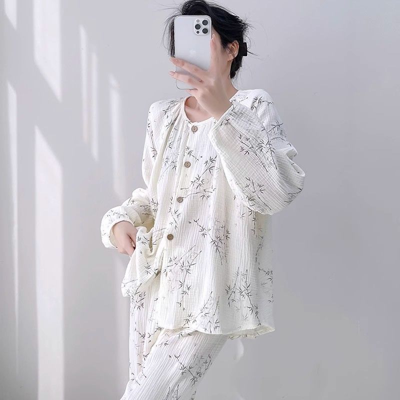 X179-New spring and summer women's cotton yarn Japanese pajamas double-layer gauze breathable casual home clothes suit nine points