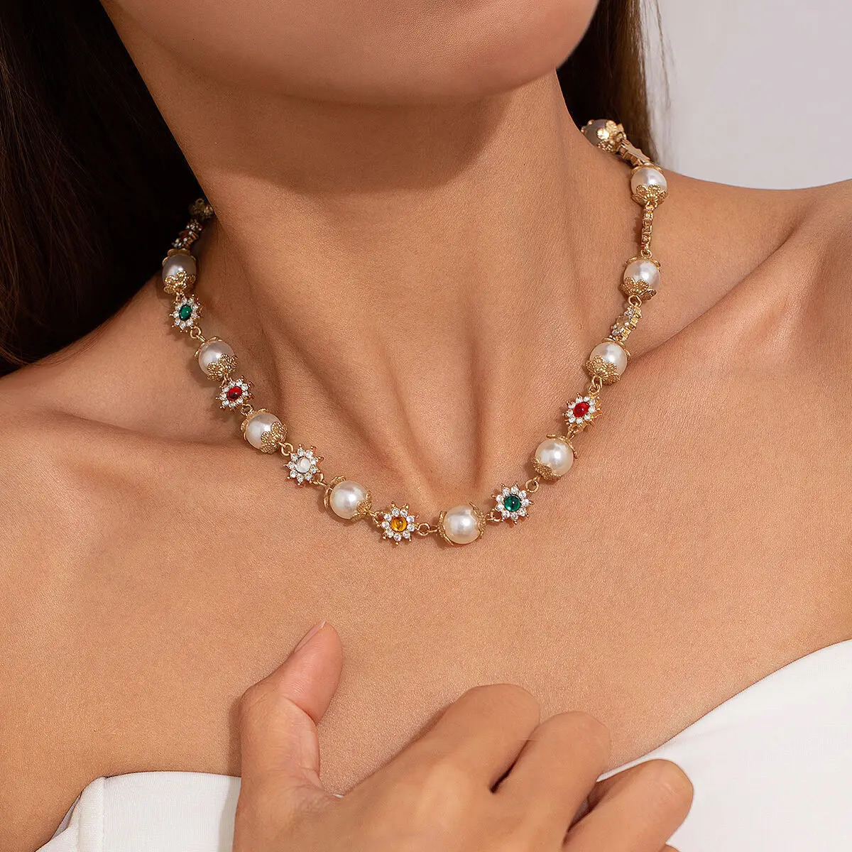 IngeSight.Z Trendy Pearl Rhinestone Flower Beads Choker Necklace Women Elegant Bridal Wedding Party Jewelry 250519