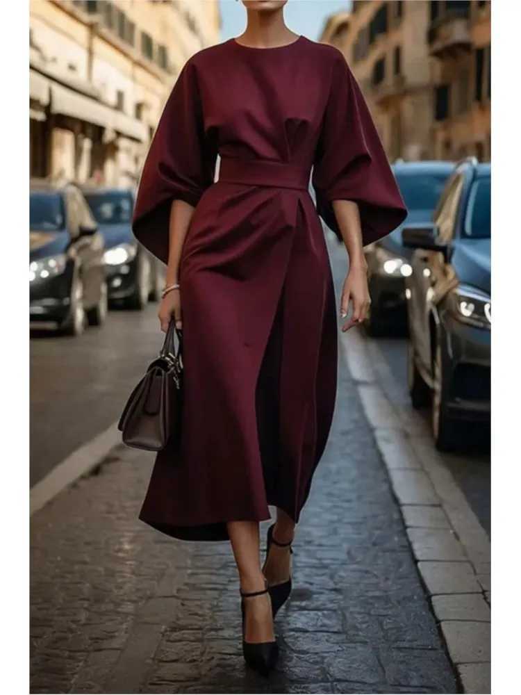 Elegant Solid Color Maxi - Round Neck, Long Sleeve High Waist Dress for Women's Fashion C260312