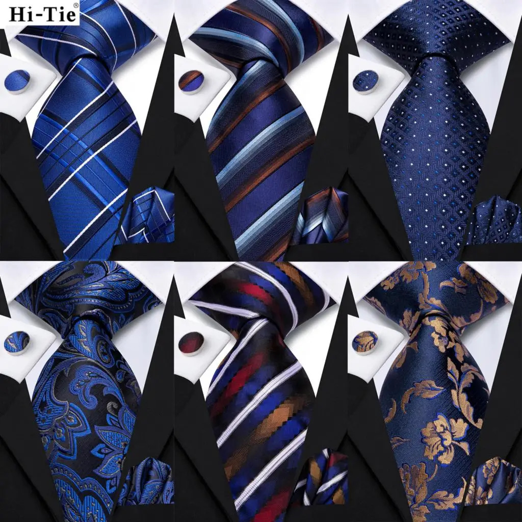 Hi-Tie Striped Navy Blue Silk Elegant Tie For Men Groom Wedding Men Necktie Pocket Square Cufflink Accessory Wholesale 250522
