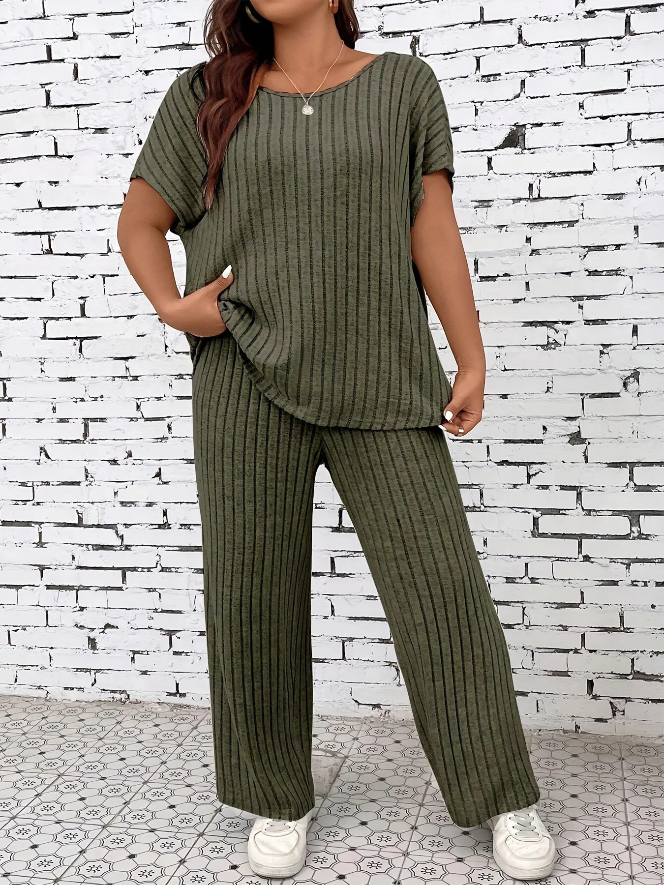 Plus Size Womens Casual TwoPiece Outfit Striped Top and WideLeg Pants Set Comfortable Lounge Wear 250516Z