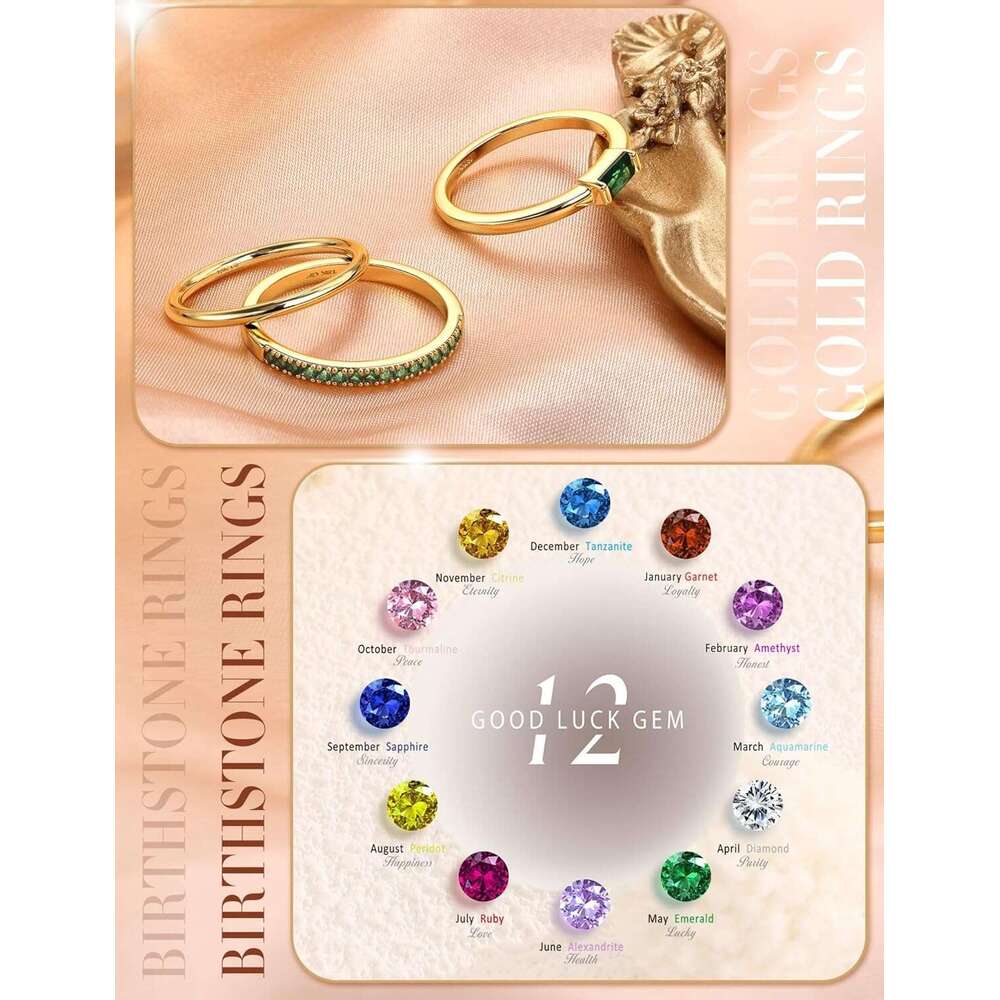 Women's Stackable Birthstone Plated Non Color Changing Exquisite Gold Stacked Set - Zirconia Thumb Joint Wedding Engagement Ring Suitable for Her