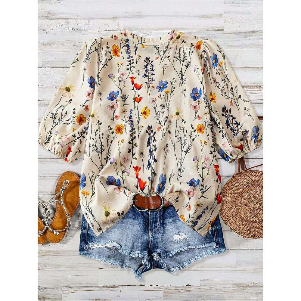 DHessential Women's Floral Notched Blouse Puff Sleeve Ruffle Hem Summer Shirt Tops