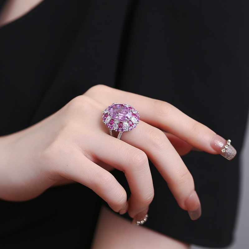 S925 Sterling Silver Open Band Ring, Padma Red Gemstone Surrounded by Pink Diamonds, High Carbon Diamond Fashion Ring, Luxury Wedding Ring for Women