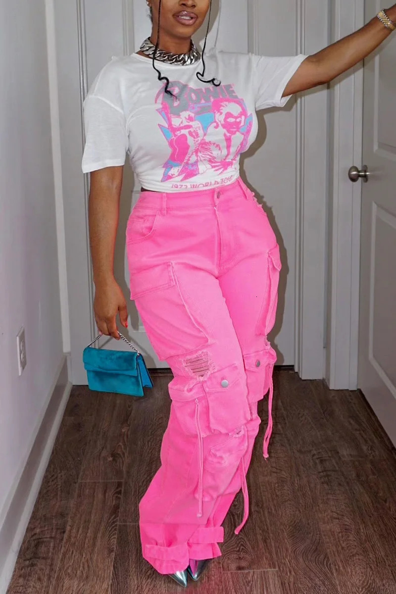 Womens Jeans Cargo Pants Pockets High Waist Y2K Vintage Streetwear Fashion Pink Denim Joggers Plus Size Women 2024 250523