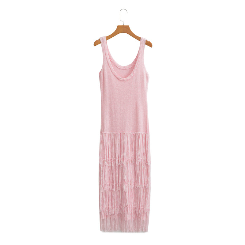 Autumn Women's Tank Top Skirt Long Sleeveless French Fringe Detail Knitted Dress