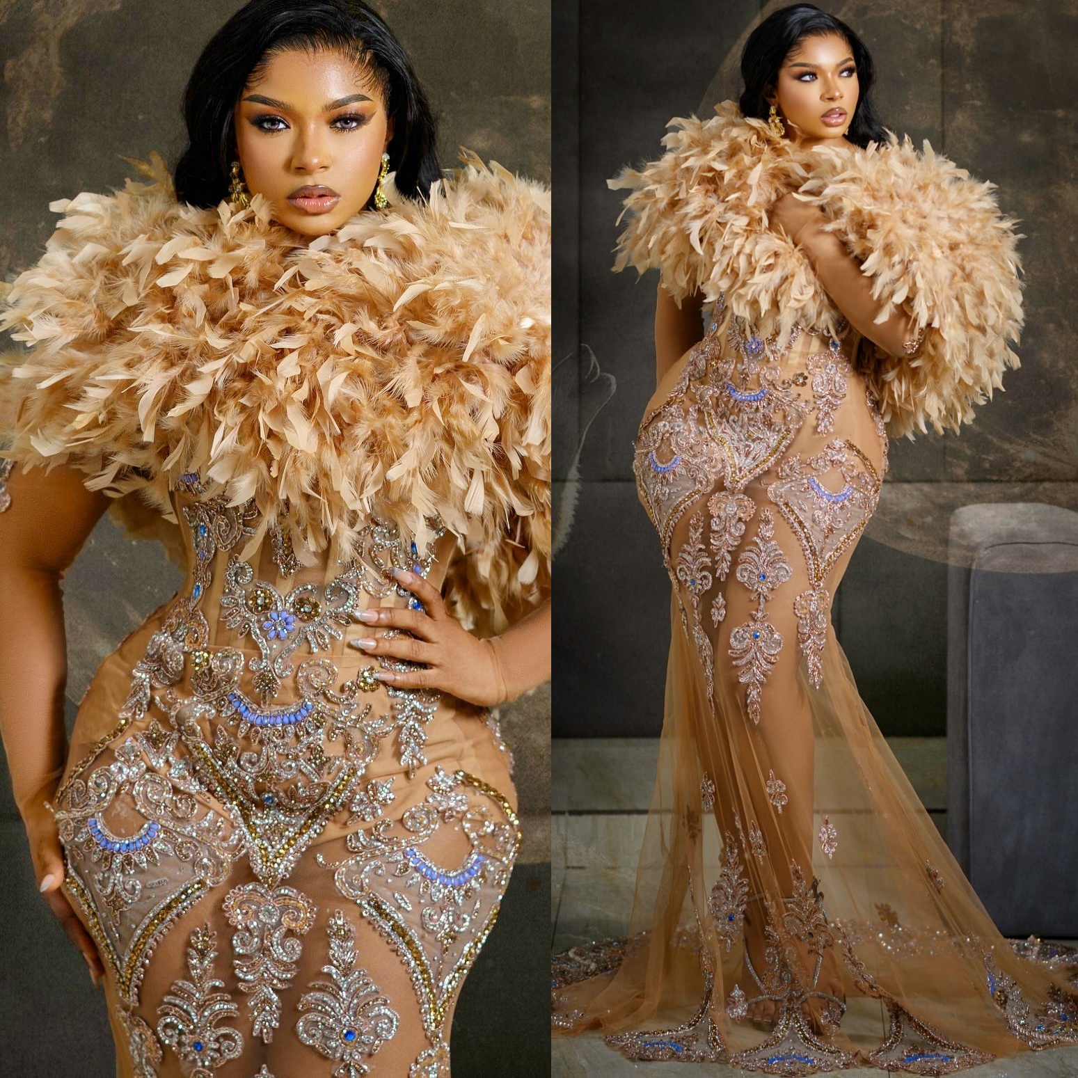 Champagne Mermaid Prom Dresses 2025 Lace Feather Crystals Illusion Evening Formal Party Second Birthday Engagement Gowns Plus Size Dress For Special O