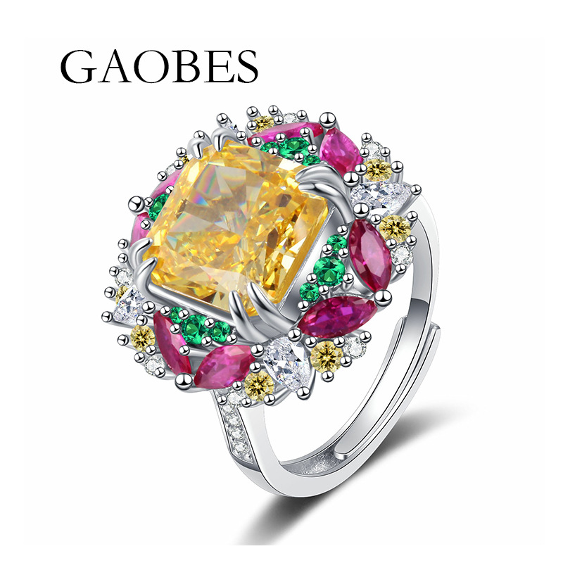S925 Sterling Silver Yellow High Carbon Diamond Ring, Multicolored Gemstone Open Band Design for Women, Elegant Floral Wedding Ring