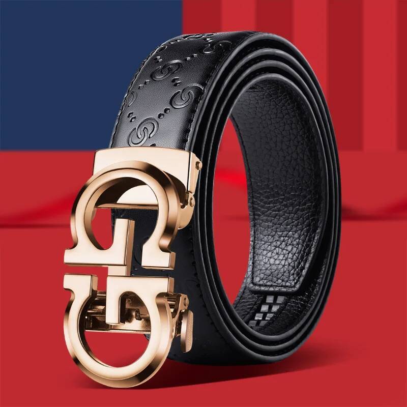 Casual Business Men's Alloy Letter Automatic Buckle Cow Leather Emed Belt Fashionable Viral Video In Stock